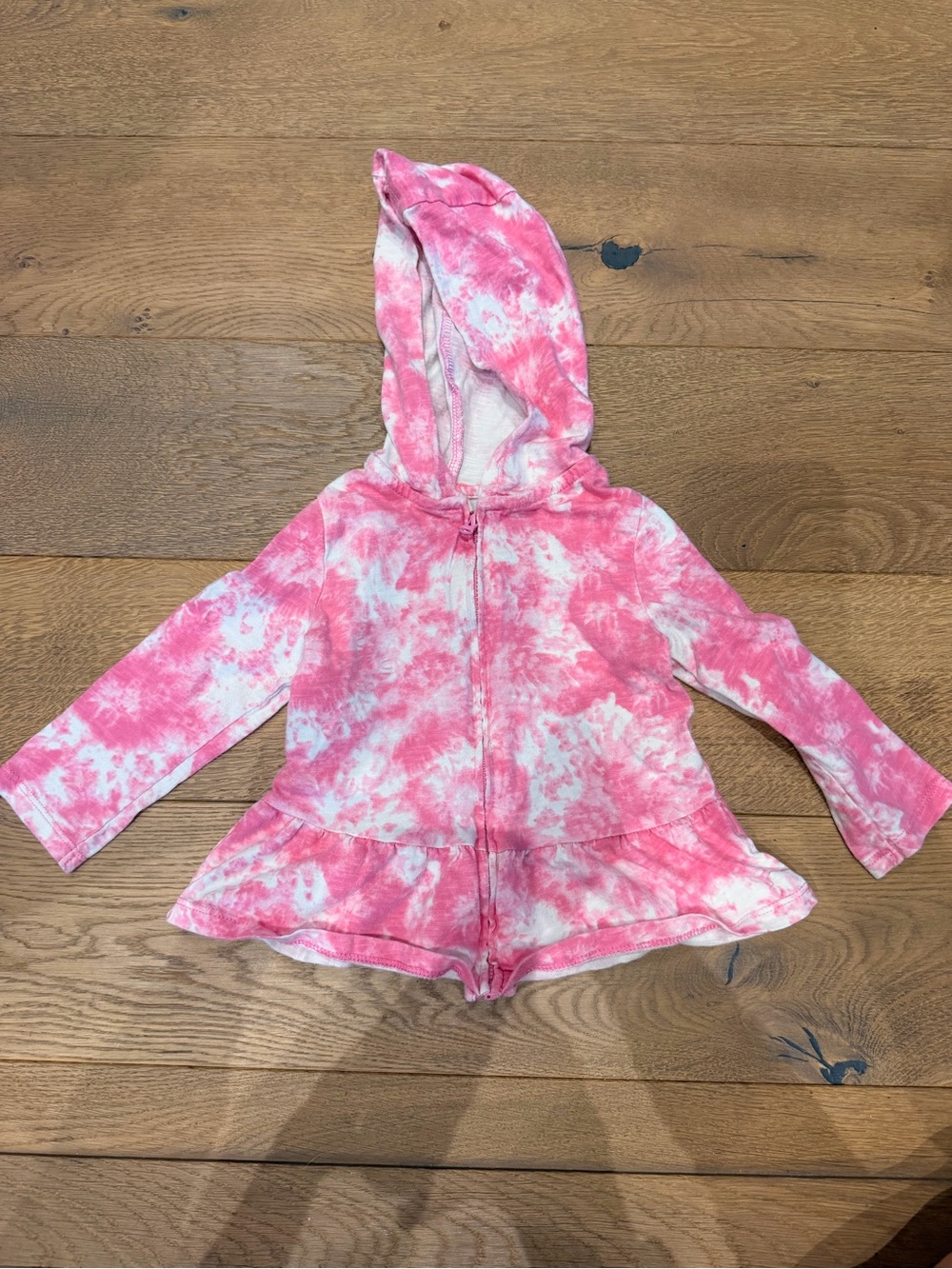 Joe Fresh Pink & White Tie-Dye Hooded Zip Hoodie with Ruffle Hem
